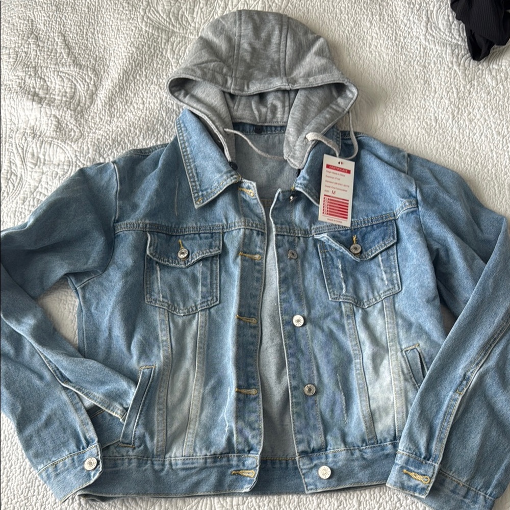 Women's Blue Denim Jean Jacket with Gray Hood